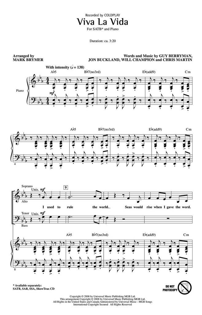 Chris Martin: Viva la Vida: (Arr. Mark Brymer): Gemischter Chor mit Klavier/Orgel