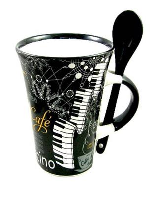 Cappuccino Mug With Spoon Piano Design Black