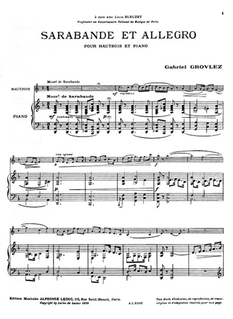 Gabriel Grovlez: Sarabande et Allegro pour Hautbois et Piano: Oboe mit Begleitung