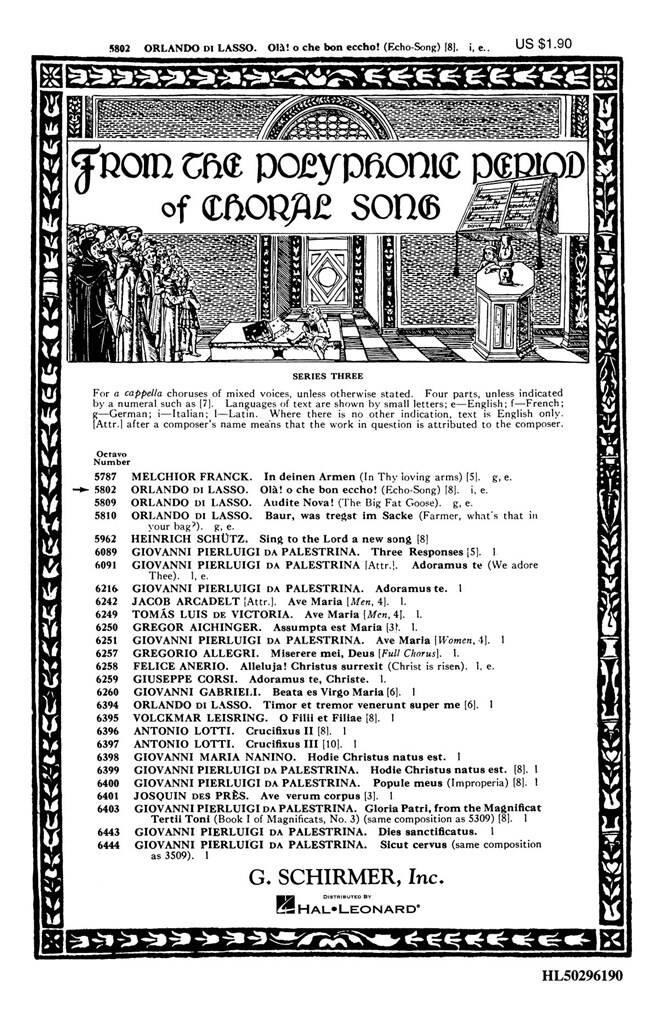 Orlando di Lasso: Echo Song Ola! O Che Bon Eccho!: (Arr. W Widmann): Gemischter Chor mit Begleitung