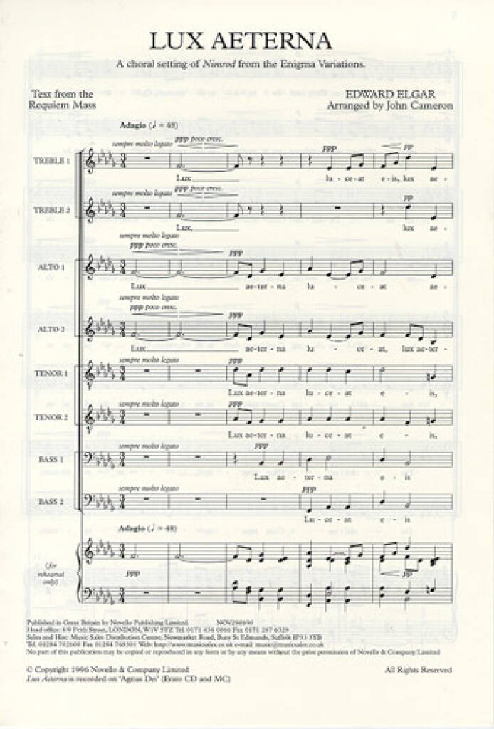 Edward Elgar: Lux Aeterna: (Arr. John Cameron): Gemischter Chor mit Begleitung