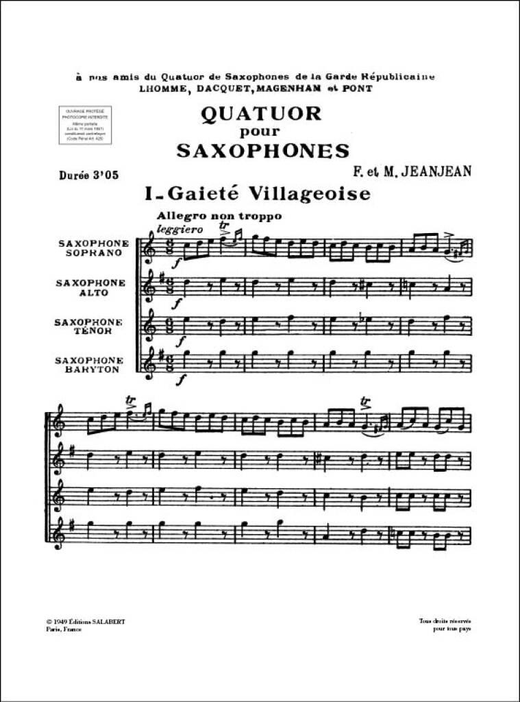 F. Jeanjean: Quatuor Pour Saxophones Partition Et Parties: Saxophon Ensemble