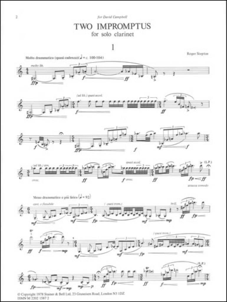Roger Steptoe: Two Impromptus For Solo Clarinet: Klarinette Solo
