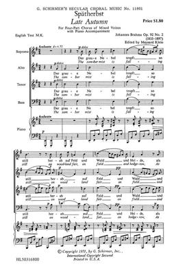Johannes Brahms: Spatherbst Late Autumn German English: (Arr. M Klein): Gemischter Chor mit Begleitung